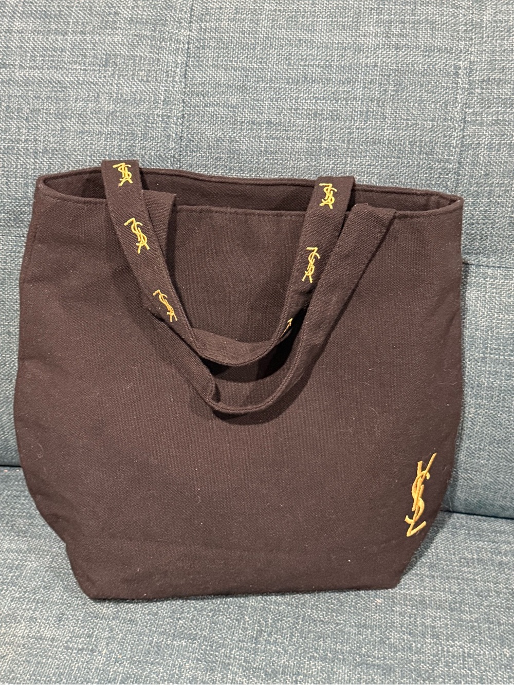 Yves Saint Laurent Black Canvas Tote with Hot Pink Interior and Gold Logos